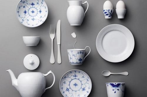 Royal Copenhagen blue fluted porcelain laid out on a table